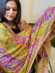 Yellow, Pink Chinon Dupatta with Gold Thread & Aari Embroidery