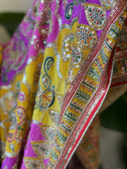 Yellow, Pink Chinon Dupatta with Gold Thread & Aari Embroidery