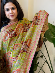 Green, Orange, Brown Chinon Dupatta with Gold Thread & Aari Embroidery