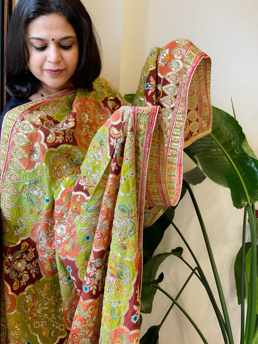 Green, Orange, Brown Chinon Dupatta with Gold Thread & Aari Embroidery