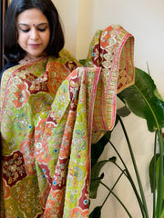 Green, Orange, Brown Chinon Dupatta with Gold Thread & Aari Embroidery