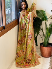 Green, Orange, Brown Chinon Dupatta with Gold Thread & Aari Embroidery