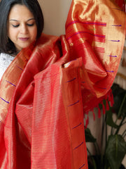 Red Handwoven Paithani Dupatta in Pure Silk