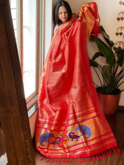 Red Handwoven Paithani Dupatta in Pure Silk