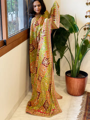 Green, Orange, Brown Chinon Dupatta with Gold Thread & Aari Embroidery