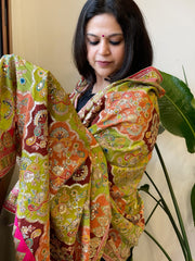 Green, Orange, Brown Chinon Dupatta with Gold Thread & Aari Embroidery