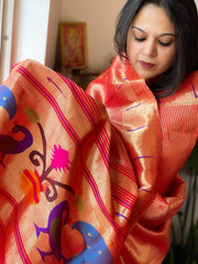 Red Handwoven Paithani Dupatta in Pure Silk
