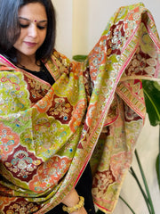 Green, Orange, Brown Chinon Dupatta with Gold Thread & Aari Embroidery