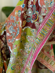Green, Orange, Brown Chinon Dupatta with Gold Thread & Aari Embroidery
