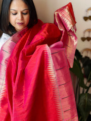 Coral Pink Handwoven Paithani Dupatta in Pure Silk
