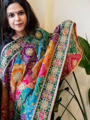 Multicolor Chinon Dupatta with Gold Thread & Aari Embroidery