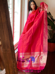 Coral Pink Handwoven Paithani Dupatta in Pure Silk
