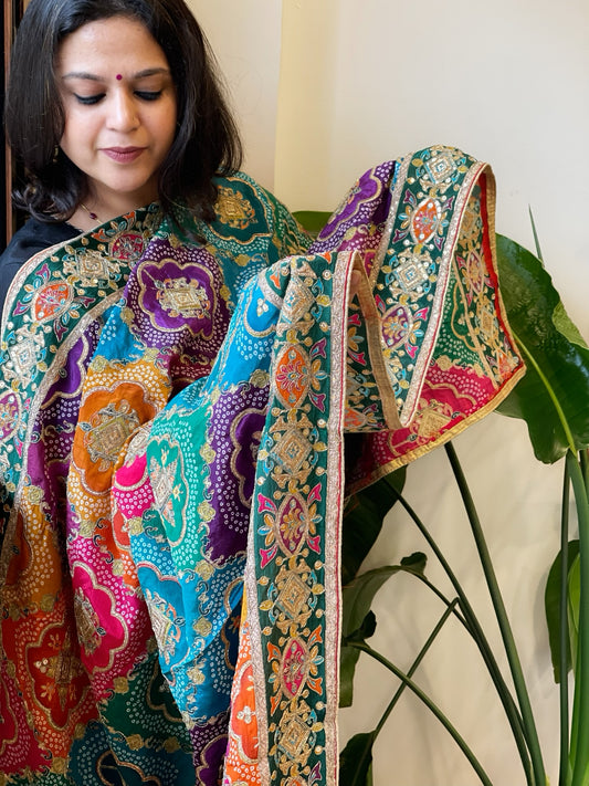 Multicolor Chinon Dupatta with Gold Thread & Aari Embroidery