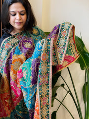 Multicolor Chinon Dupatta with Gold Thread & Aari Embroidery