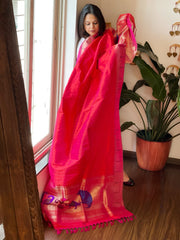 Coral Pink Handwoven Paithani Dupatta in Pure Silk