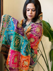 Multicolor Chinon Dupatta with Gold Thread & Aari Embroidery
