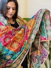 Multicolor Chinon Dupatta with Gold Thread & Aari Embroidery