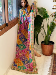 Multicolor Chinon Dupatta with Gold Thread & Aari Embroidery