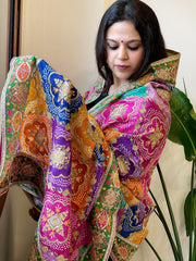 Multicolor Chinon Dupatta with Gold Thread & Aari Embroidery
