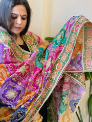 Multicolor Chinon Dupatta with Gold Thread & Aari Embroidery