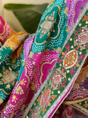 Multicolor Chinon Dupatta with Gold Thread & Aari Embroidery