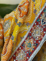 Multicolor Chinon Dupatta with Gold Thread & Aari Embroidery