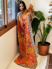 Multicolor Chinon Dupatta with Gold Thread & Aari Embroidery