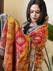 Multicolor Chinon Dupatta with Gold Thread & Aari Embroidery