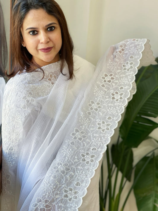 White Kota Cotton Dupatta with Cut Work