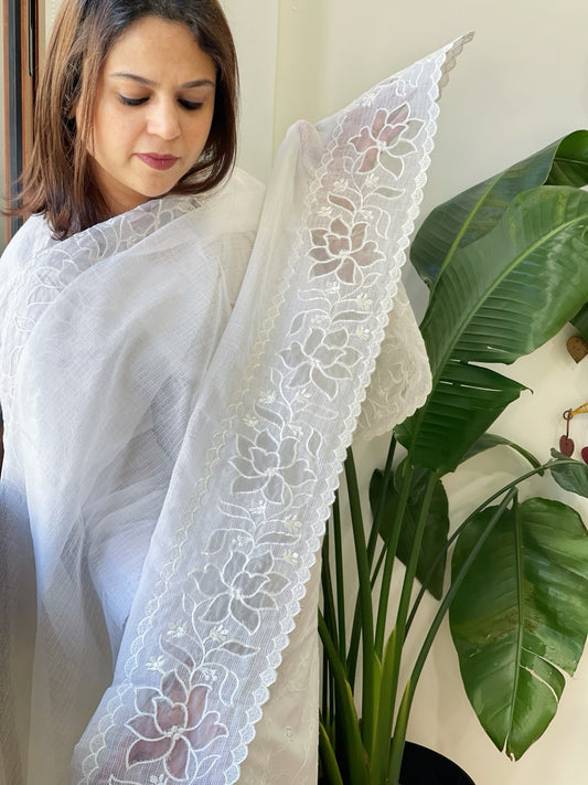White Kota Cotton Dupatta with Cut Work