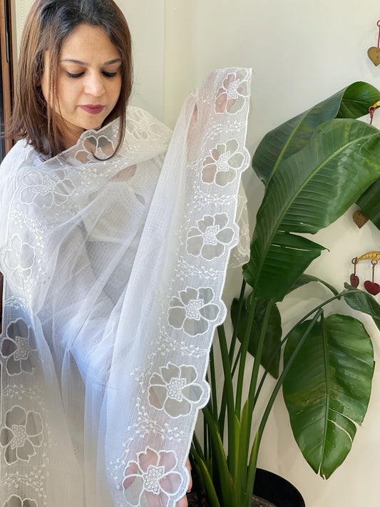 White Kota Cotton Dupatta with Cut Work