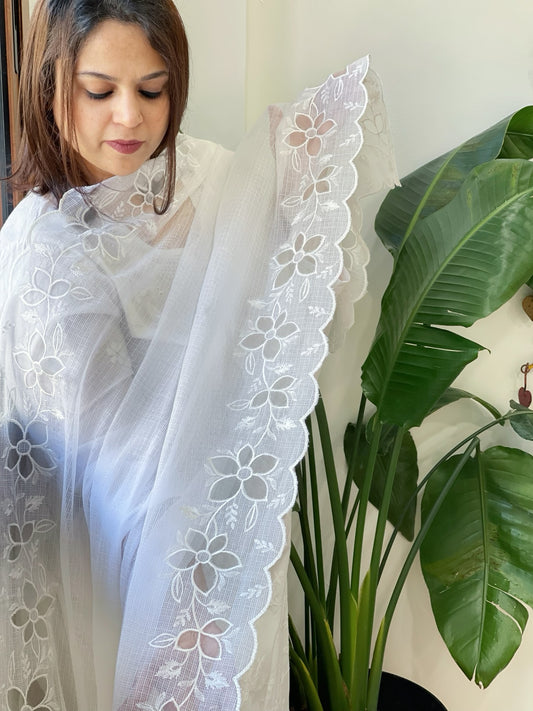 White Kota Cotton Dupatta with Cut Work