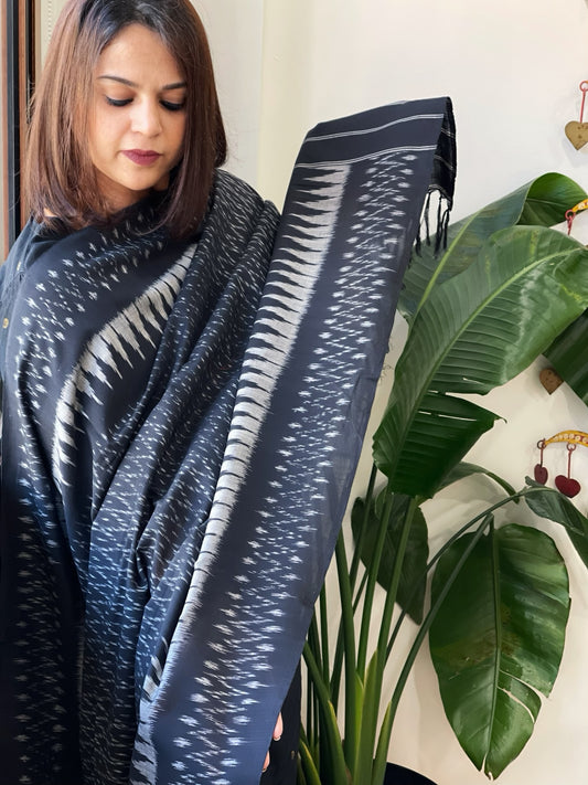 Black Handwoven Ikat Dupatta in Cotton