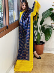 Blue, Yellow Handwoven Ikat Dupatta in Cotton