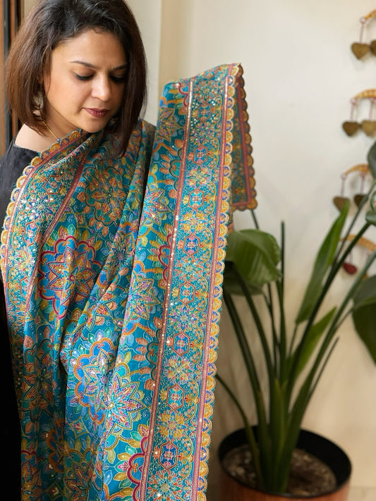 Turquoise Blue Chinon Dupatta with Aari Embroidery