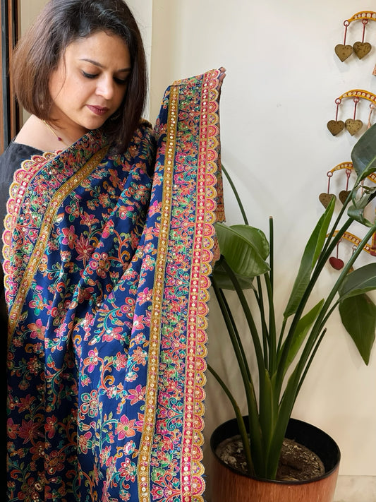 Navy Chinon Dupatta with Aari Embroidery