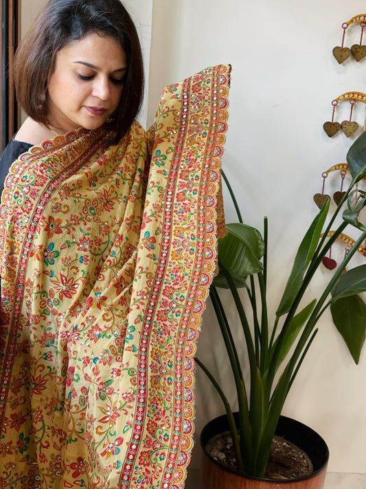 Beige Chinon Dupatta with Aari Embroidery