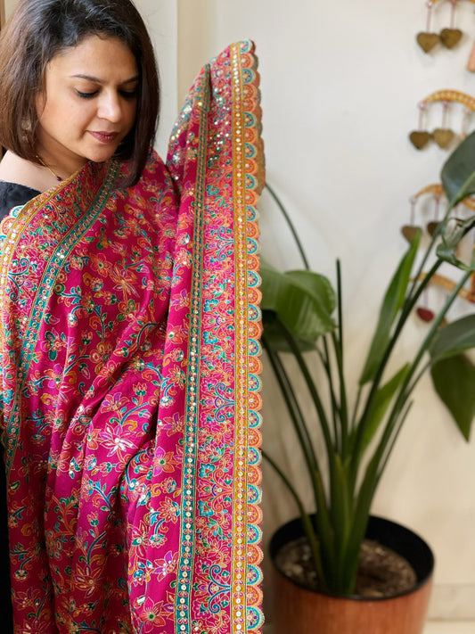 Pink Chinon Dupatta with Aari Embroidery