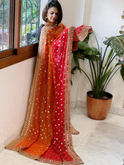 Orange, Red Crepe Dupatta with Mirror and Cut Daana Work with Gota Lace Border