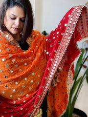 Orange, Red Crepe Dupatta with Mirror and Cut Daana Work with Gota Lace Border