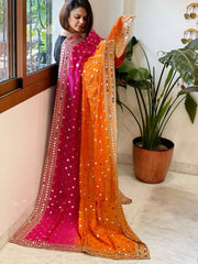 Pink, Orange Crepe Dupatta with Mirror and Cut Daana Work with Gota Lace Border
