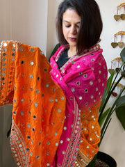 Pink, Orange Crepe Dupatta with Mirror and Cut Daana Work with Gota Lace Border