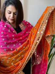 Pink, Orange Crepe Dupatta with Mirror and Cut Daana Work with Gota Lace Border