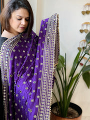 Purple Crepe Dupatta with Mirror and Cut Daana Work with Gota Lace Border