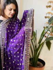 Purple Crepe Dupatta with Mirror and Cut Daana Work with Gota Lace Border