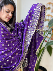 Purple Crepe Dupatta with Mirror and Cut Daana Work with Gota Lace Border