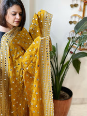 Mustard Crepe Dupatta with Mirror and Cut Daana Work with Gota Lace Border
