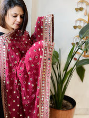 Maroon Crepe Dupatta with Mirror and Cut Daana Work with Gota Lace Border