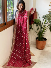Maroon Crepe Dupatta with Mirror and Cut Daana Work with Gota Lace Border