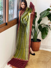 Green, Maroon Handwoven Ikat Dupatta in Cotton